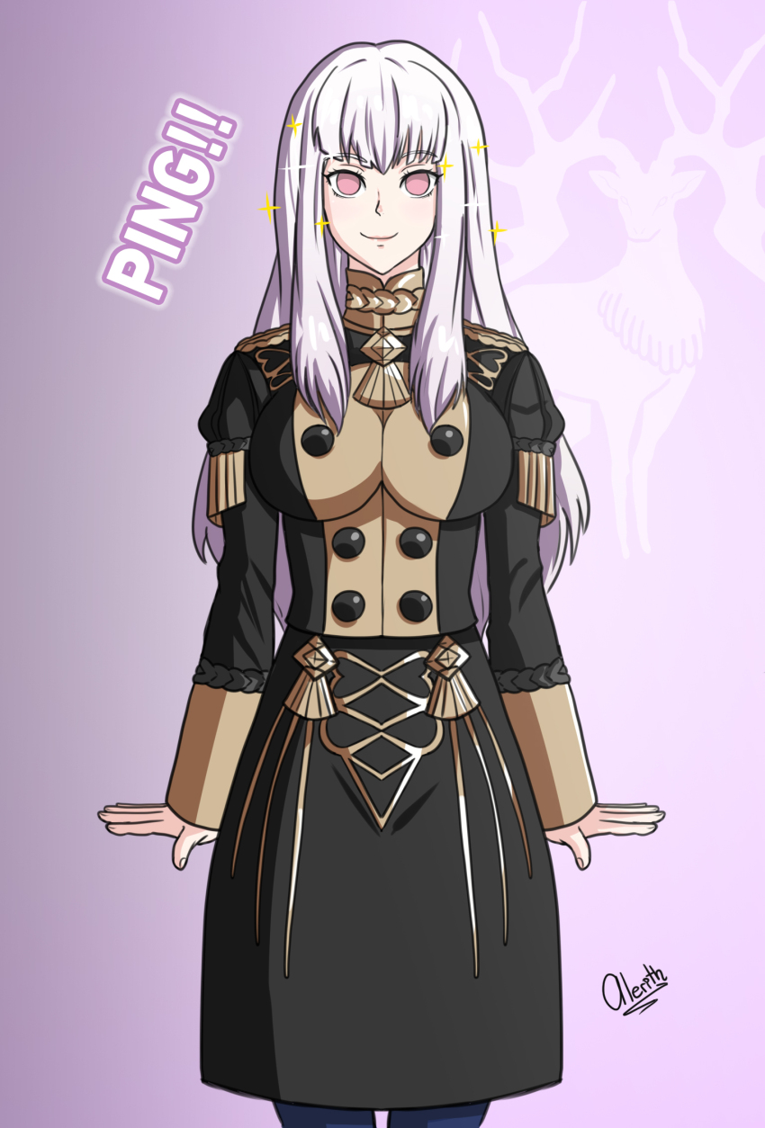 alerith empty_eyes female_only femsub fire_emblem fire_emblem_three_houses happy_trance large_breasts lysithea_von_ordelia ping pink_eyes school_uniform smile solo sparkle text white_hair