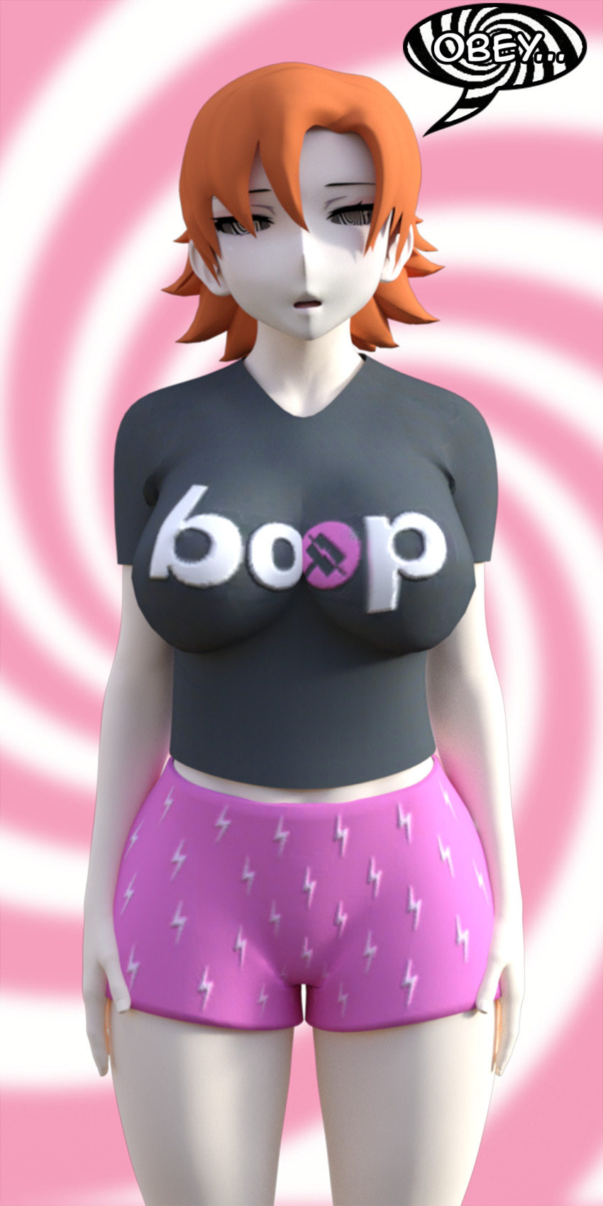 3d absurdres bare_legs dazed dialogue expressionless female_only femsub heavy_eyelids midriff nora_valkyrie open_mouth orange_hair rwby shirt short_hair shorts simple_background spiral spiral_background spiralwash_eyes standing standing_at_attention t-shirt text theheckle