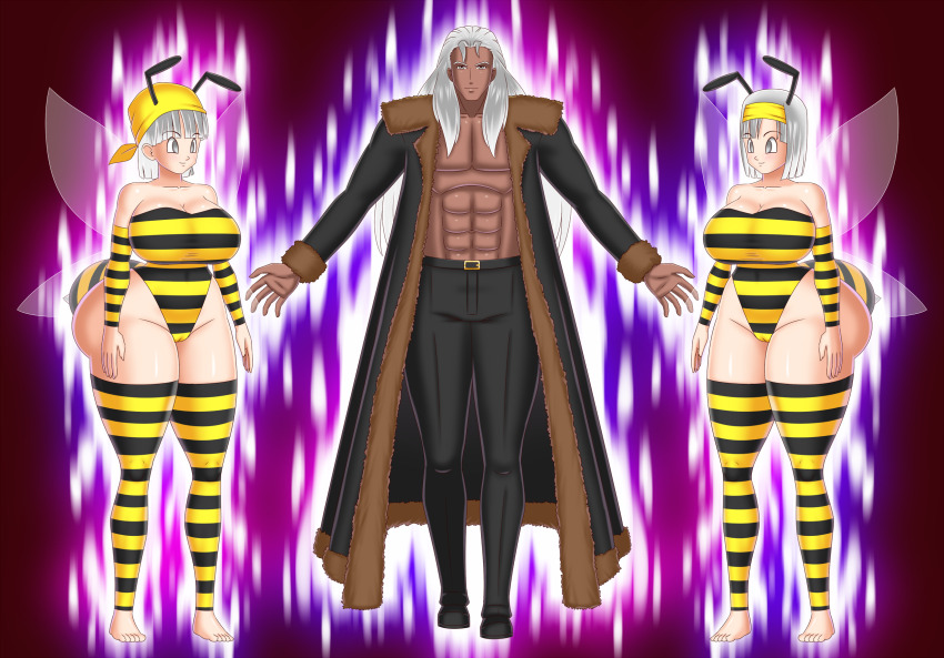 antenna bee_girl bee_suit bluebullpen breasts bug_girl cleavage dragon_ball dragon_ball_gt dragon_ball_heroes femsub grey_eyes happy_trance henry_d._damien_(shadowprince50) large_breasts maledom pan_(dragon_ball) silver_hair smile wings