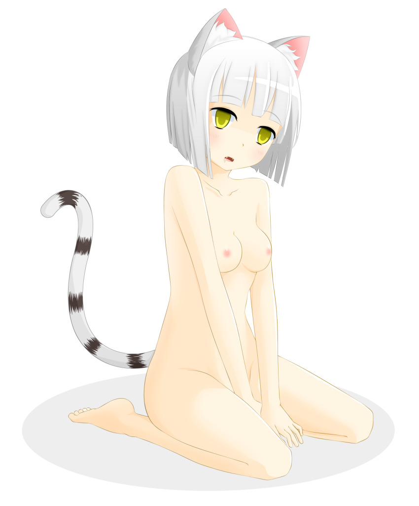 absurdres animal_ears bottomless breasts cat_ears cat_girl cat_tail demon_girl drool empty_eyes etlabsotwe expressionless febe_(myuk) female_only femsub monster_girl nude open_mouth original short_hair sitting tail topless white_hair yellow_eyes