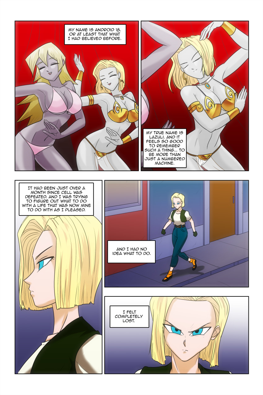 absurdres alexis_rhodes android_18 blonde_hair blue_eyes breasts cleavage closed_eyes comic crossover dragon_ball dragon_ball_z femsub grey_skin happy_trance harem harem_outfit large_breasts long_hair multiple_girls short_hair smile text underwear wadevezecha yu-gi-oh! yu-gi-oh!_gx