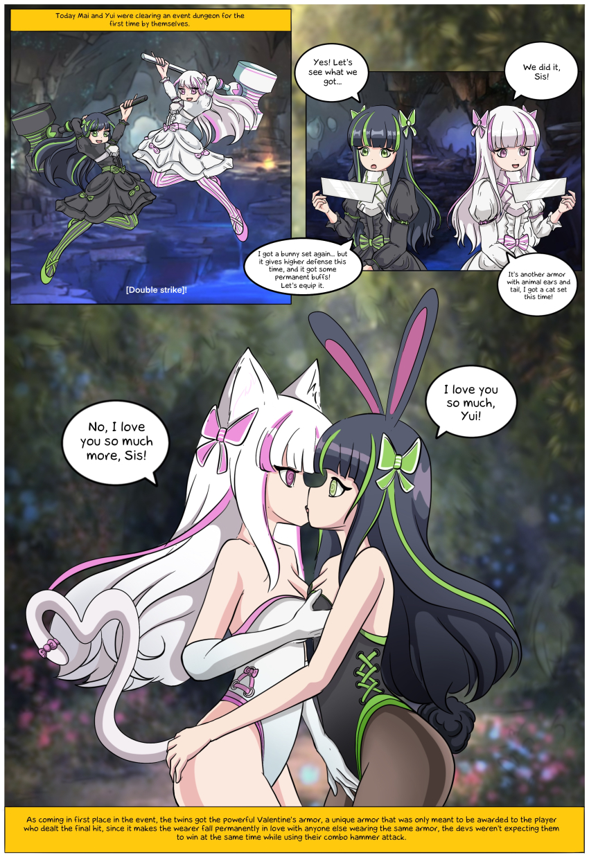 animal_ears armor ass bare_legs bare_shoulders black_hair breast_grab breast_press breasts bunny_ears bunny_girl bunnysuit cat_ears cat_girl cat_tail cleavage comic dazed dialogue en_ayumu expressionless female_only femsub fingering french_kiss gloves green_eyes green_hair groping hair_ornament hair_ribbon hammer i_hate_getting_hurt_so_i_put_all_my_skill_points_into_defense incest instant_loss kissing large_hips leotard long_hair love mai_(bofuri) open_mouth opera_gloves pantyhose pink_eyes pink_hair ribbon sisters spiral_eyes symmetrical_docking tail text thick_thighs tight_clothing tongue twins valentine's_day very_long_hair white_hair yui_(bofuri) yuri