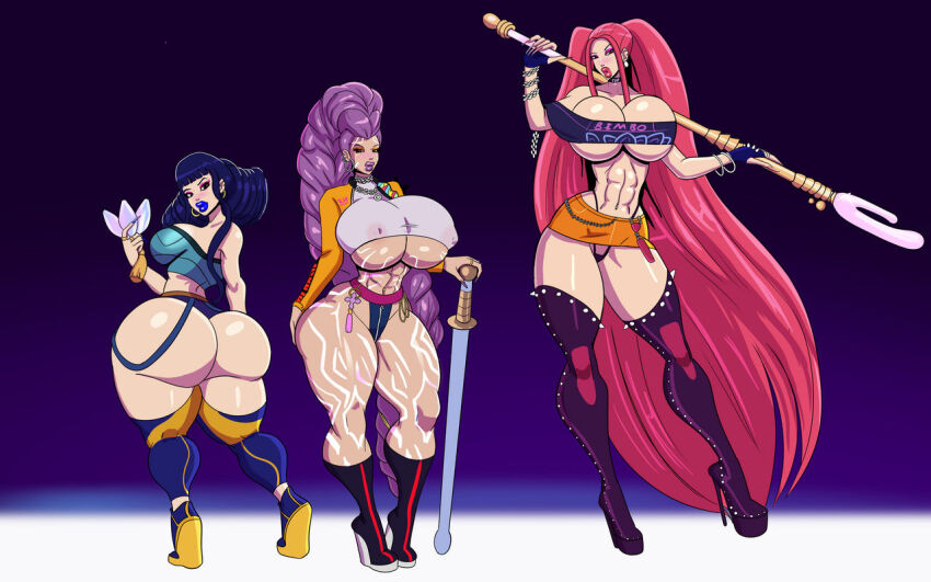 bimboannon bimbofication dildo erect_nipples erect_nipples_under_clothes femsub hyper_breasts kpop_demon_hunters large_breasts lip_expansion lipstick long_hair mira_(kpop_demon_hunters) muscle_girl purple_hair rumi_(kpop_demon_hunters) thong tube_top weapon zoey_(kpop_demon_hunters)