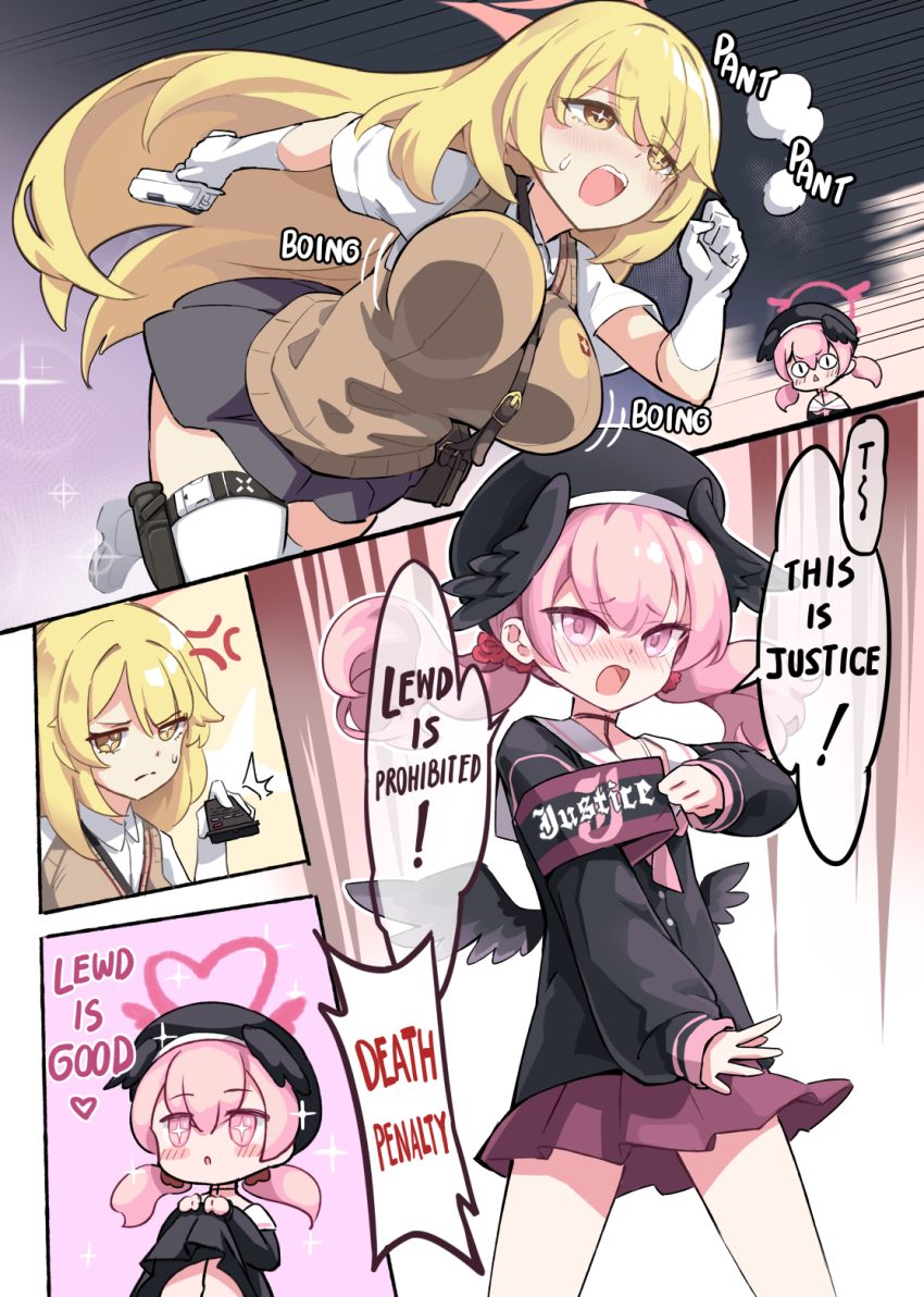 a_certain_magical_index blonde_hair blue_archive bouncing_breasts breasts comic dazed empty_eyes english_text femsub hard_translated hmongt koharu_(blue_archive) loli long_hair misaki_shokuhou pink_eyes pink_hair running shirt_lift skirt symbol_in_eyes text translated twintails yellow_eyes