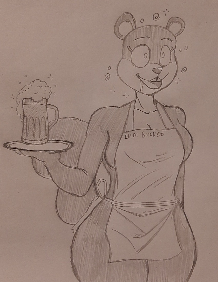 apron beer buck_teeth crossed_eyes drool female_only femsub furry ghostec greyscale happy_trance naked_apron nude open_mouth sandy_cheeks shrunken_irises solo spongebob_squarepants_(series) squirrel_girl standing traditional tray waitress