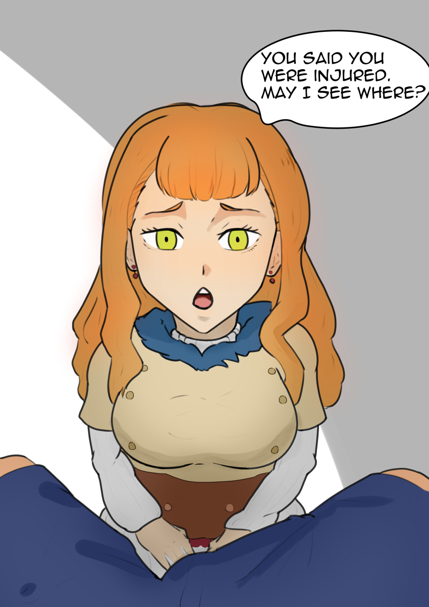 black_clover breasts bulge clothed comic dialogue fijin green_eyes mimosa_vermillion orange_hair text