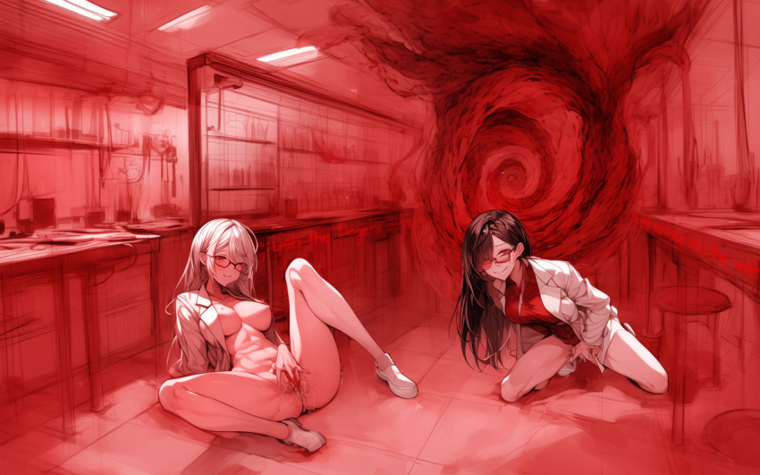ai_art control english_text female_only femsub hypnosisisgreat_(manipper) lab_coat large_breasts laughing masturbation monochrome multiple_girls multiple_subs red_background smile spiral stable_diffusion_(ai) text