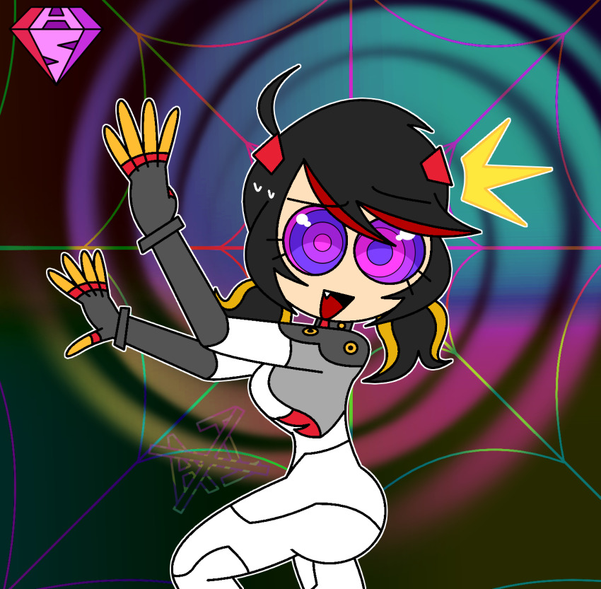 ahoge androgynous_dom bodysuit eyebrows_visible_through_hair eyelashes fangs femsub hair_ornament hypnoscream kaa_eyes large_ass large_breasts looking_at_viewer marvel_comics marvel_rivals multicolored_hair open_mouth peni_parker posing pov_dom simple_background solo surprised sweat tagme twintails watermark