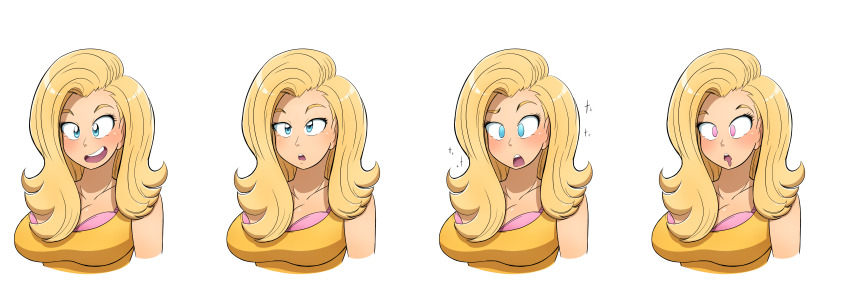 absurdres before_and_after bimbofication blonde_hair blue_eyes breasts cleavage clothed collarbone crossed_eyes drool empty_eyes femsub kobi94 large_breasts long_hair open_mouth original pink_eyes simple_background sparkle tank_top