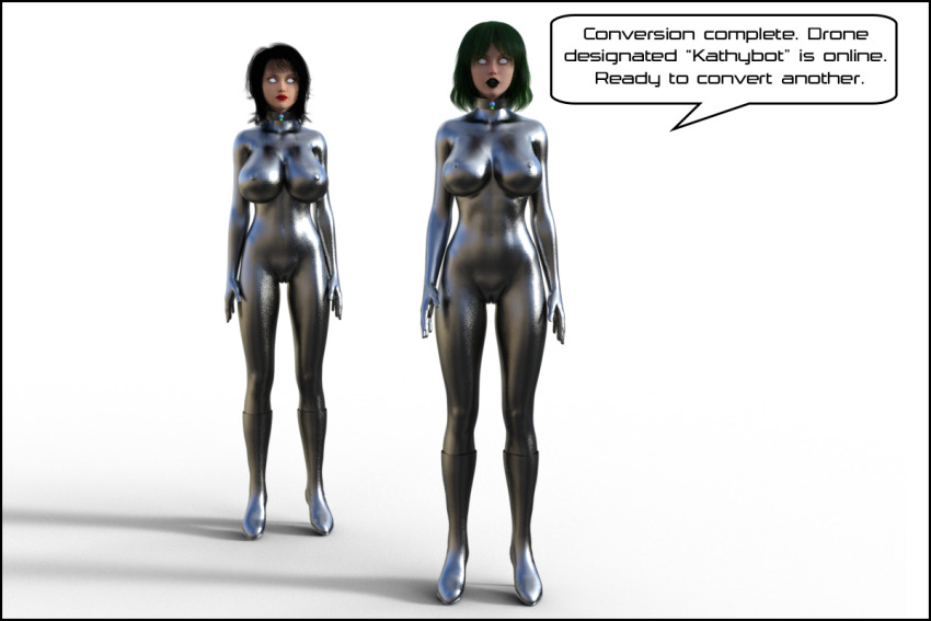 3d black_hair breasts collar female_only fembot femsub graybot green_hair huge_breasts kathy_(theheckle) kisstress_(theheckle) large_breasts latex original robot robotization text theheckle whitewash_eyes