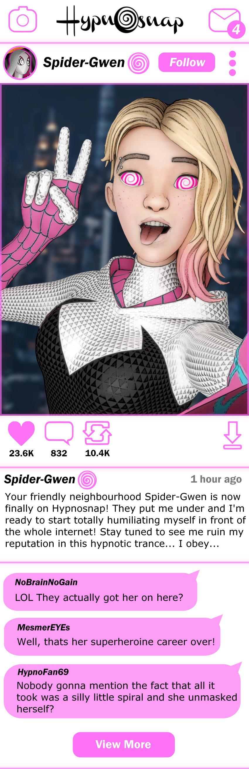 3d ahegao female_only femsub gwen_stacy happy_trance humiliation marvel_comics saltygauntlet selfie spider-gwen spider-man_(series) spiral_eyes super_hero symbol_in_eyes tech_control text tongue_out unaware user_interface v