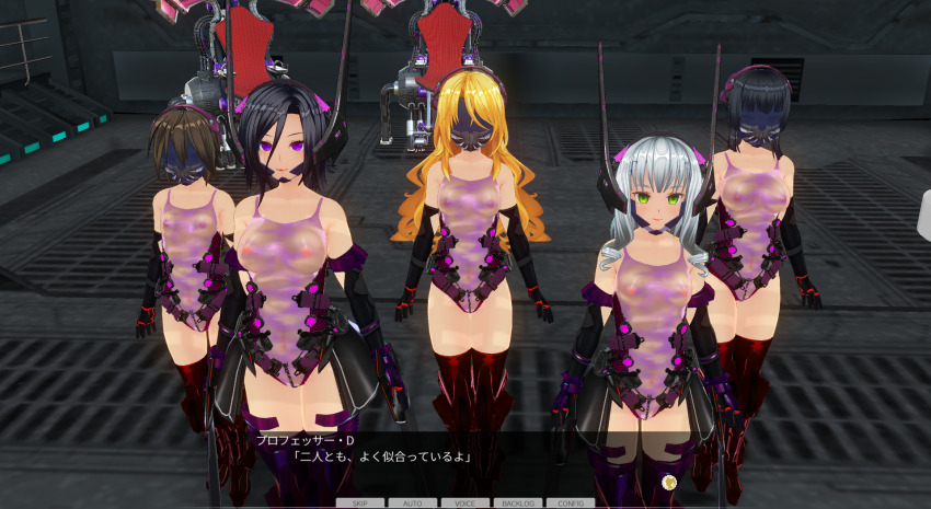 3d empty_eyes femsub happy_trance inikanata multiple_girls standing standing_at_attention tech_control text translated