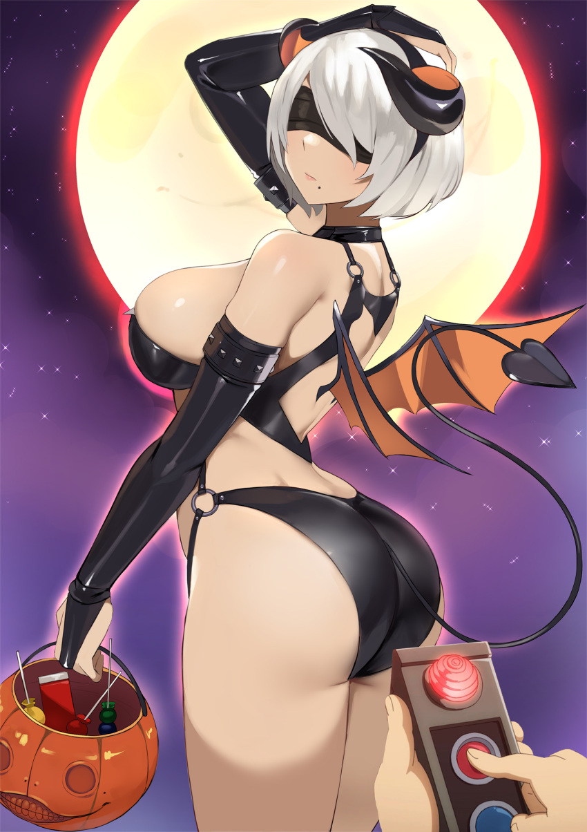 ass blindfold breasts candy female_only femsub halloween kaos_art large_ass large_breasts large_hips latex light_skin manip misterman4_(manipper) nier_automata pumpkin remote_control robot robot_girl short_hair succubus tagme tech_control thighhighs white_hair yorha_no._2_type_b