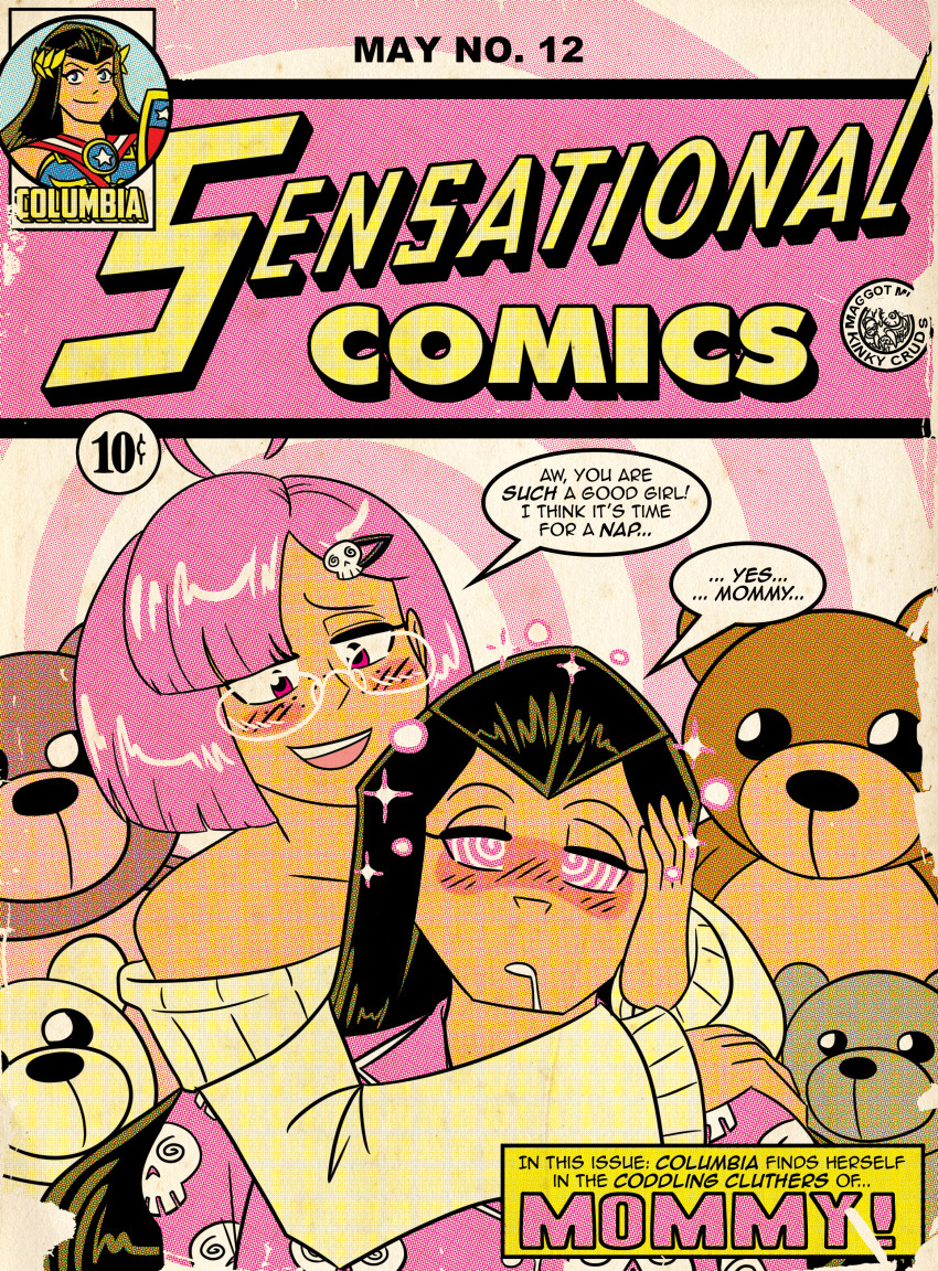 blush columbia_(maggotmike) dazed dialogue drool femdom femsub freckles glasses hand_on_another's_cheek hand_on_head long_hair maggotmike mommy mommy_(dumbskull) original pajamas pink_hair short_hair sleepy speech_bubble spiral_background spiral_eyes straight-cut_bangs super_hero text