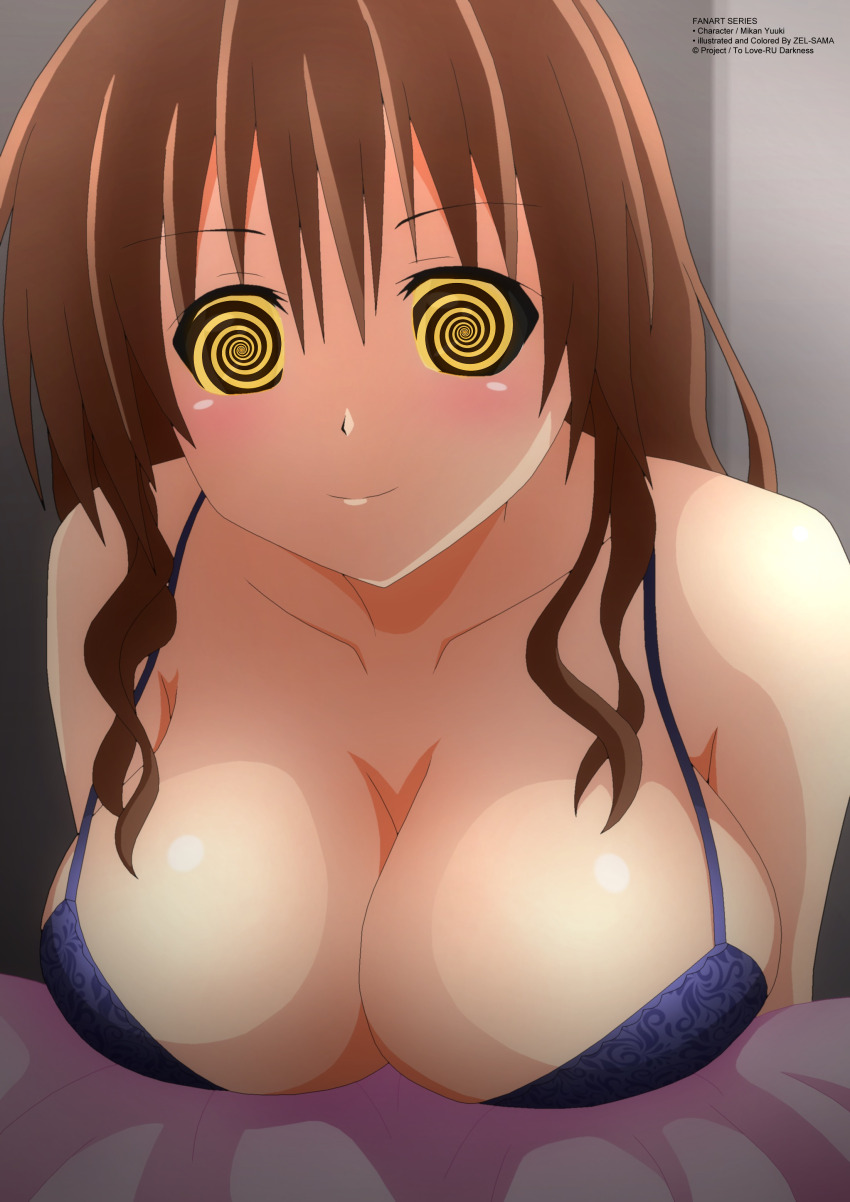 absurdres blush bra breasts brown_hair cleavage female_only femsub happy_trance icontrol_(manipper) large_breasts looking_at_viewer manip mikan_yuuki smile solo spiral_eyes symbol_in_eyes to_love_ru to_love_ru_darkness underwear zel-sama