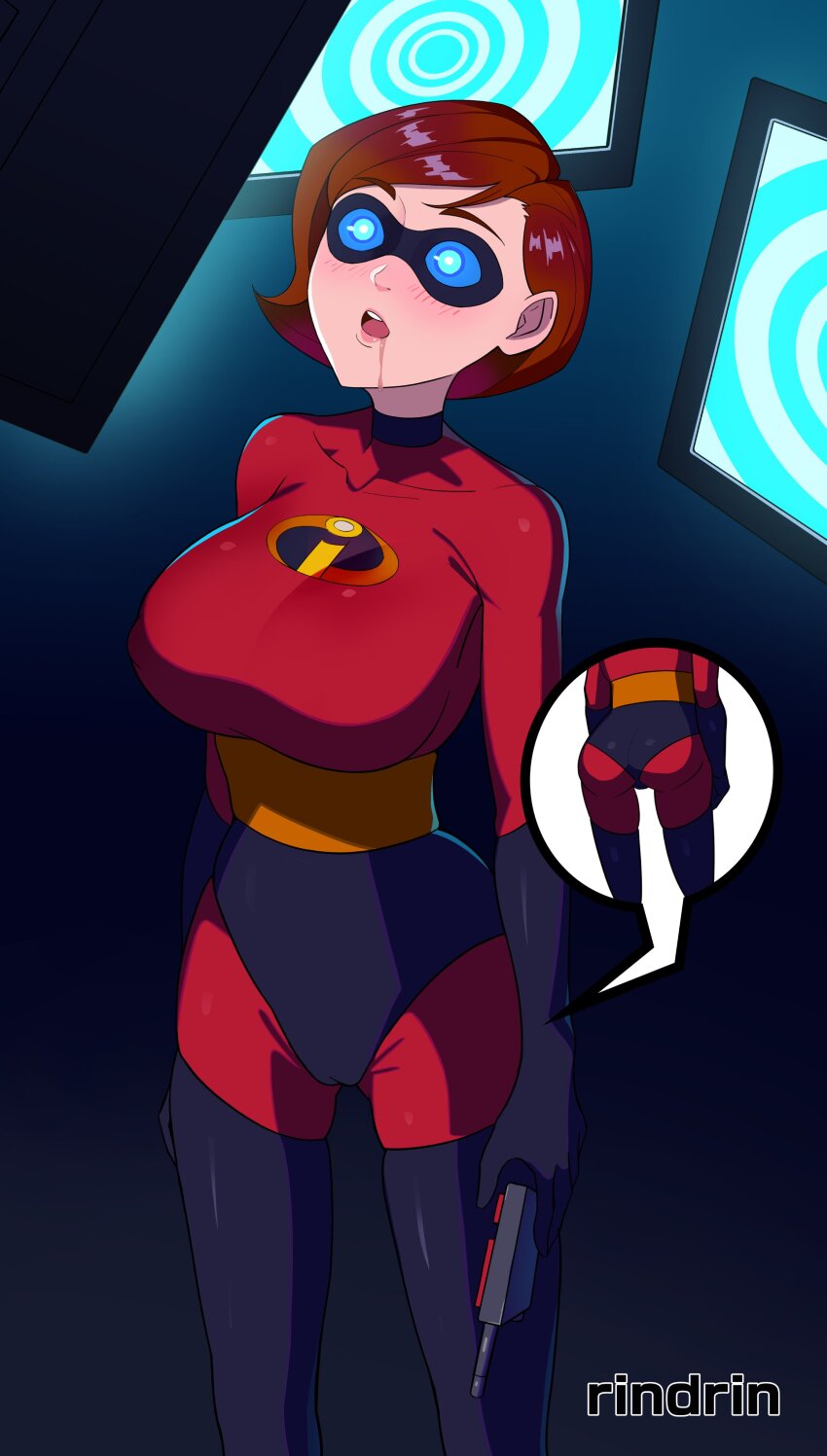 ass blue_eyes brown_hair cameltoe drool elastigirl female_only femsub helen_parr hypnotic_screen milf rind_rin00 short_hair solo the_incredibles