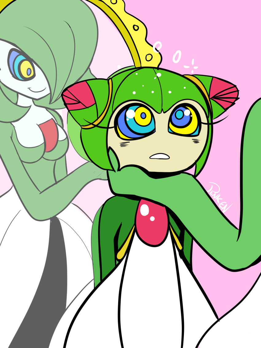 breasts chin_hold cosmo_the_seedrian dress evil_smile expressionless female_only femdom femsub furry gardevoir green_hair kaa_eyes large_breasts mirror monster_girl nintendo open_mouth penken plant_girl pokemon smile sonic_the_hedgehog_(series)