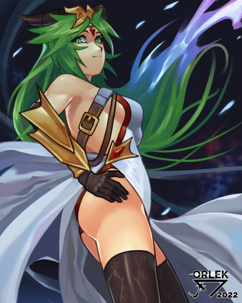 absurdres ass bracers breasts dress enemy_conversion female_only gloves goddess green_eyes green_hair horns kid_icarus long_hair looking_back nintendo orlek palutena sideboob solo thighhighs upskirt