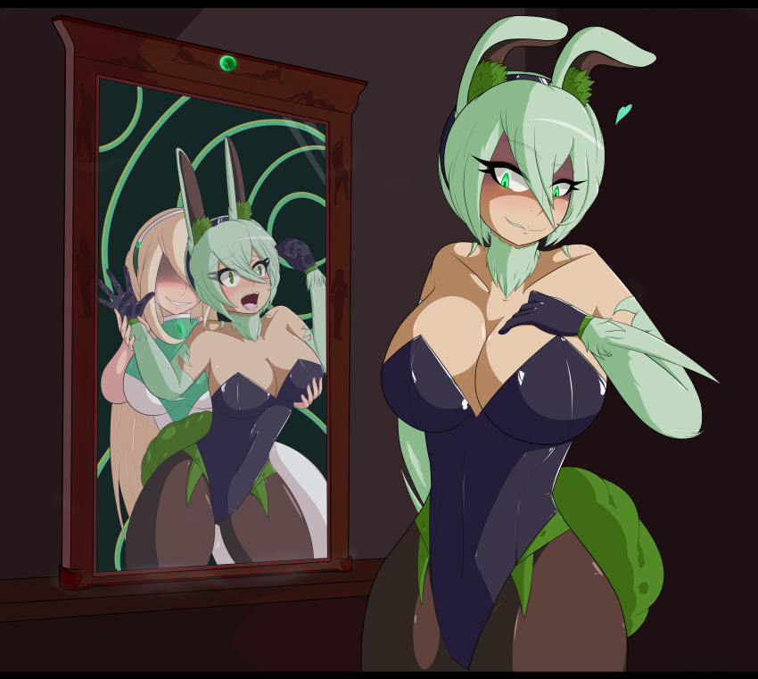 body_swap breast_grab breasts bunny_ears bunny_girl glowing glowing_eyes green_hair holding_breasts mirror monster_girl original possession shaded-seraphim