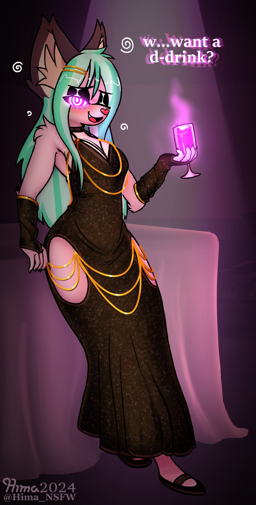 absurdres arm_warmers bangs bracers choker cleavage dialogue dress eyeshadow femdom fox_girl furry glowing glowing_eyes green_hair hair_ornament hima_nsfw himalaya long_hair looking_at_viewer one_eye_open original pink_skin pov pov_sub ring_eyes seductive_smile signature simple_background smile spiral spiral_eyes standing text wine