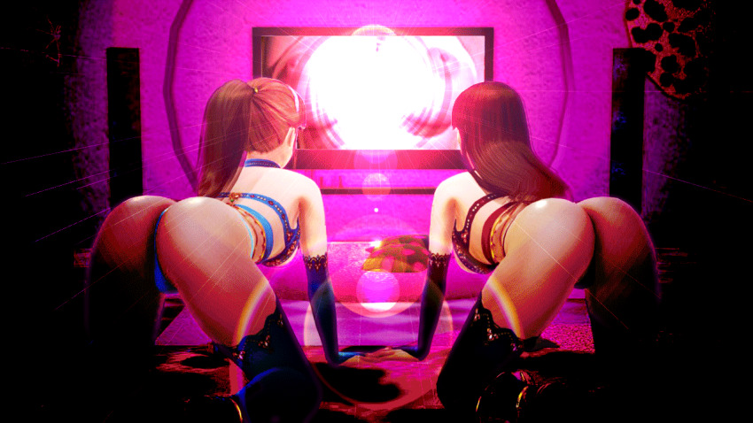 3d all_fours animated animated_gif black_hair breasts bridal_gauntlets brown_hair clothed collar female_only femsub hypnotic_screen large_breasts long_hair multiple_girls original ponytail queen_diana_(manipper) spiral tech_control thighhighs thong