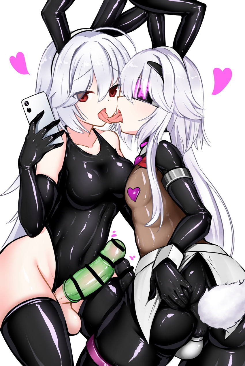 ass ass_grab balls bare_shoulders bodysuit bow_tie breasts bunny_boy bunny_ears cell_phone censored collar collarbone condom cuffs fake_animal_ears fake_tail femboy frottage futa_with_male futadom futanari heart heart_pasties kissing latex licking long_hair malesub mastersprouts navel opera_gloves original pasties penis simple_background swimsuit tattoo tech_control thighhighs tongue tongue_out visor white_background white_hair