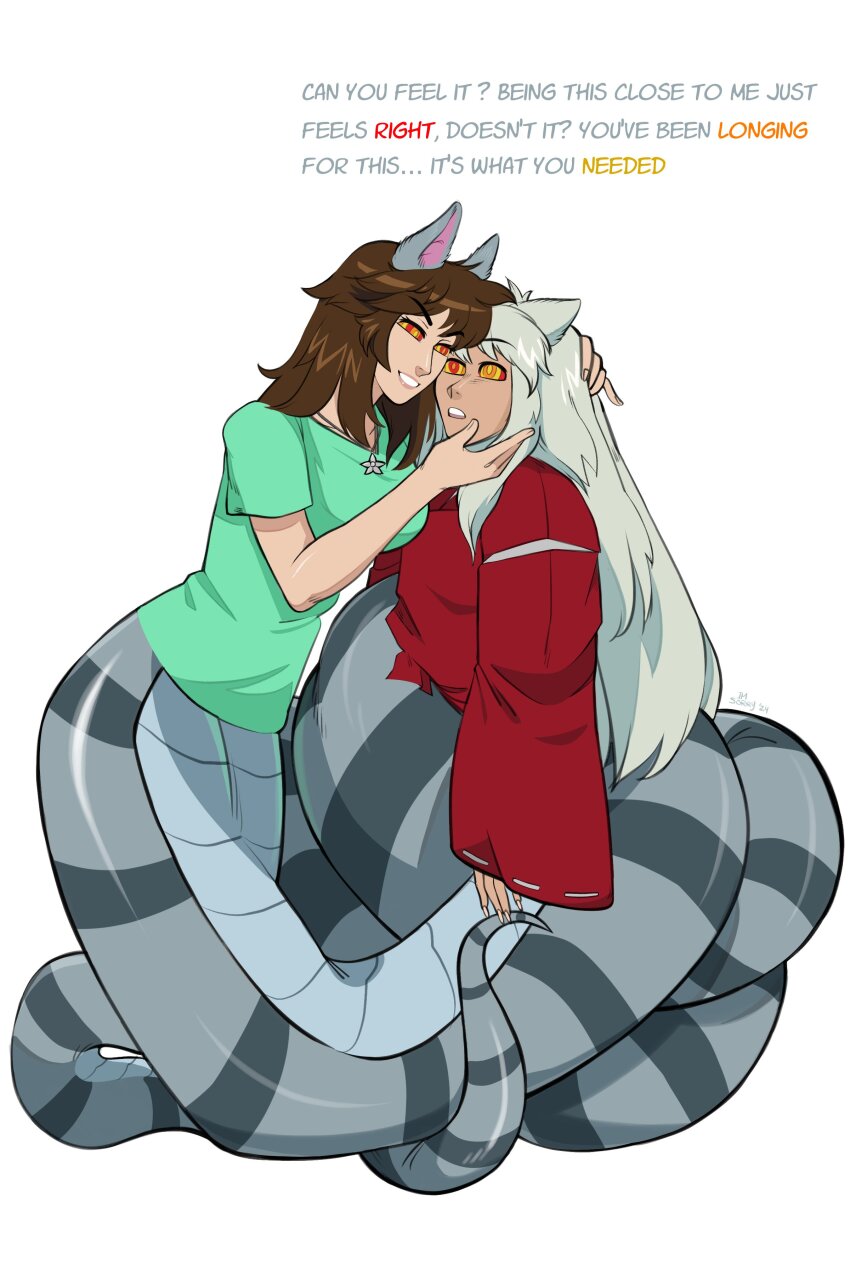 brown_hair dialogue english_text femdom hypnotic_eyes inuyasha inuyasha_(series) long_hair malesub momdadimsosorry naga_girl ring_eyes simple_background snake_girl text white_background white_hair