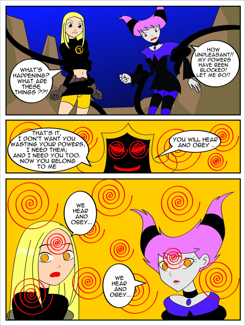 black_hair blonde_hair choker coils comic dc_comics evil_smile expressionless femdom femsub hypnotic_mirror jimryu jinx midriff mirror multicolored_hair multiple_girls multiple_subs necklace open_mouth pink_eyes pink_hair resisting shorts simple_background smile spiral spiral_eyes super_hero symbol_in_eyes teen_titans tentacles terra text