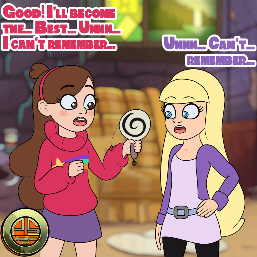 accidental_hypnosis bangs belt blonde_hair blue_eyes braces brown_eyes brown_hair dialogue disney eyebrows_visible_through_hair gravity_falls jacket mabel_pines ordeper_arts pacifica_northwest self_hypnosis signature skirt spiral spiral_eyes sweater