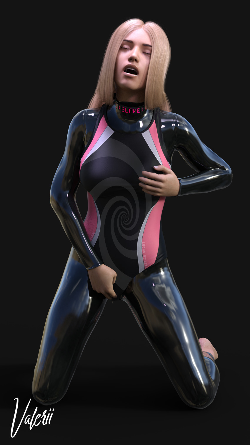 3d absurdres blonde_hair collar female_only femsub hypnotic_clothing latex one-piece_swimsuit original spiral swimsuit tech_control valerii