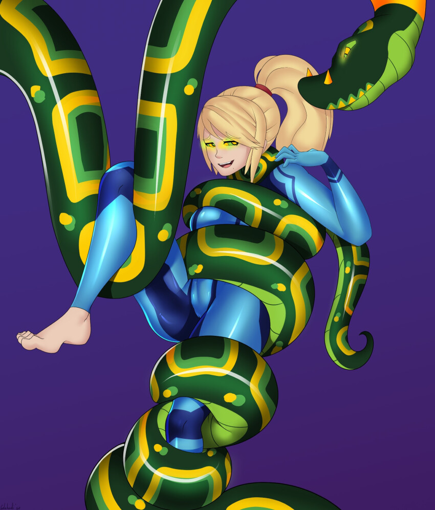 barefoot blonde_hair femsub g-lahndi hypnotic_eyes metroid_(series) nintendo ponytail purple_background ring_eyes samus_aran snake