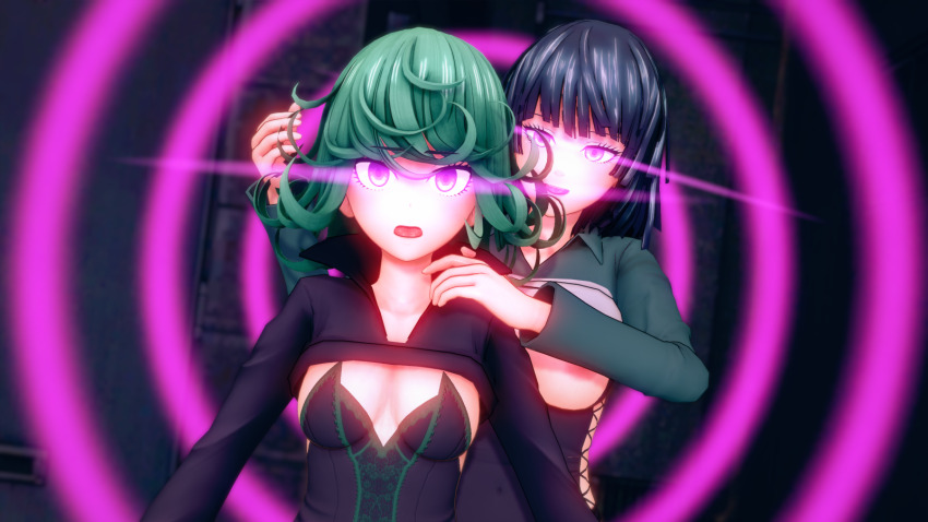 black_hair breasts breasts_outside clothed cover dollhouse female_only femsub fubuki_(one_punch_man) green_hair hypnotized_hypnotist multiple_girls multiple_subs nipples one_punch_man pink_eyes shirt_lift short_hair sisters spiral spiral_background tatsumaki_(one_punch_man)