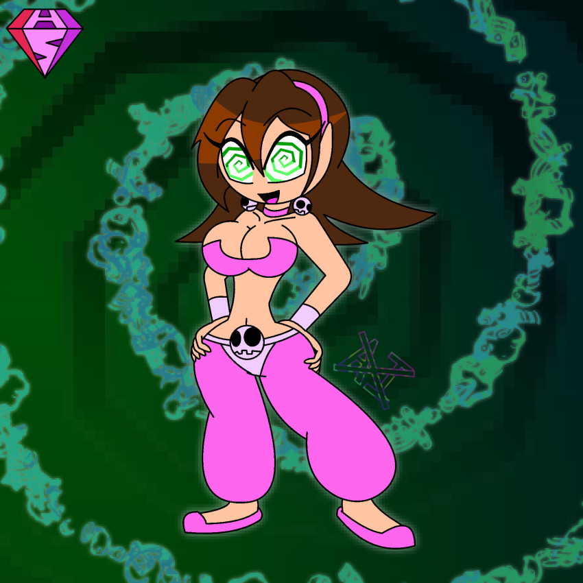 aged_up alternate_costume bare_shoulders bracelet brown_hair capcom choker cleavage collarbone dancer earrings eyebrows_visible_through_hair eyelashes femsub green_background green_eyes hand_on_hip happy_trance harem_outfit headband hypnoscream large_breasts looking_at_viewer megaman_(series) megaman_legends_(series) midriff navel open_mouth pants shiny_hair smile spiral_background spiralwash_eyes standing story tron_bonne turning_the_tables wide_hips