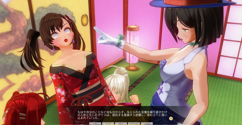 3d breasts brown_hair dialogue eye_roll female_only femdom femsub green_eyes hat japanese_clothing kamen_writer_mc kimono large_breasts magician mc_trap_town multiple_girls multiple_subs ponytail red_hair rina_(mc_trap_town) screenshot short_hair spiral_eyes symbol_in_eyes text twintails white_hair