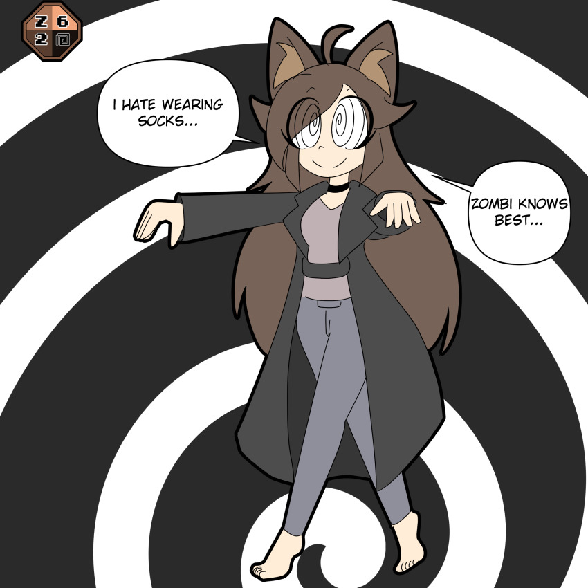 ahoge barefoot brown_hair choker clothed crossed_legs eyebrows_visible_through_hair feet female_only femsub happy_trance jacket kaede_(skecchyartist) long_hair original pants shirt signature smile solo spiral_background spiral_eyes text wolf_girl zombi62 zombie_walk