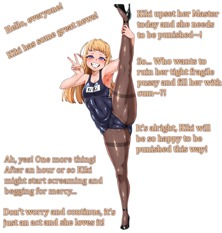 blonde_hair blush breasts caption elf_ears female_only femsub flexible happy_trance heart heart_eyes heroes_of_incredible_tales high_heels kiki_(heroes_of_incredible_tales) manip one-piece_swimsuit pantyhose school_swimsuit smh1069 smile solo standing_split swimsuit symbol_in_eyes t323_(manipper) text v yoga