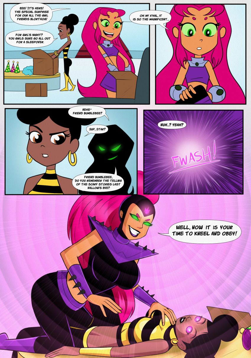 alternate_costume black_hair brown_eyes bumblebee_(teen_titans) comic corruption dc_comics dialogue evil_smile female_only femdom femsub green_eyes green_sclera long_hair multiple_girls open_mouth orange_skin polmanning red_hair short_hair speech_bubble spiral_eyes starfire tech_control teen_titans teen_titans_go! text tongue western