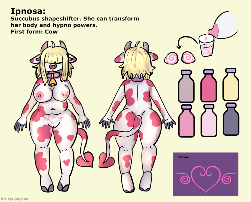 anykoe bell_collar blonde_hair breasts cow_girl cowbell furry hypnotic_drink hypnotic_food hypnotic_milk ipnosa_(dial_liyon) milk milking original pussy reference_sheet signature simple_background smile spiral_eyes succubus tattoo text