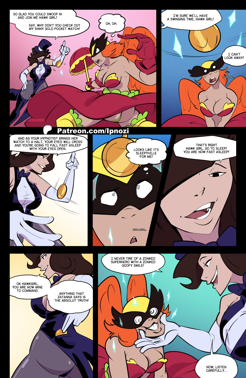 breasts brown_hair chin_hold cleavage clothed comic dc_comics dialogue english_text female_only femdom femsub gloves hand_on_hip happy_trance hat hawkgirl large_breasts magician orange_hair pendulum preview senseless_squirrel sleep_command smile speech_bubble spiral_eyes spiralwash_eyes super_hero tagme text thought_bubble umbrella wings zatanna_zatara