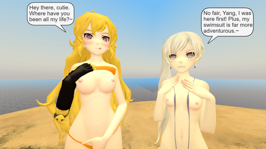 3d bare_shoulders bikini blonde_hair blush breasts cleavage clothed_exposure dialogue femsub happy_trance heart heart_eyes hypnolordx large_breasts long_hair open_clothes prosthetic_limb rwby shirt_lift silver_hair sling_bikini smile source_filmmaker swimsuit symbol_in_eyes text weiss_schnee yang_xiao_long