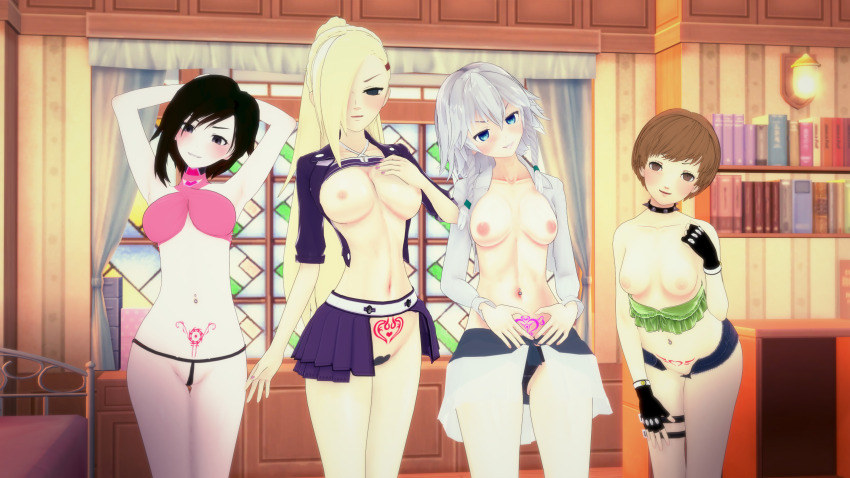3d arms_above_head bangs bare_legs black_eyes black_hair blonde_hair blue_eyes blush braid brown_eyes brown_hair chie_satonaka collar collarbone corruption crotch_cutout crotch_tattoo crotchless_panties cyanstargazer empty_eyes evil_smile exposed_chest femsub fingerless_gloves gloves hair_covering_one_eye hand_on_head happy_trance ino_yamanaka koikatsu! leaning_forward multiple_girls multiple_subs naruto_(series) navel necklace nipples open_clothes open_shirt pasties persona_(series) persona_4 pussy ruby_rose rwby sakuya_izayoi smile standing topless touhou tube_top white_hair