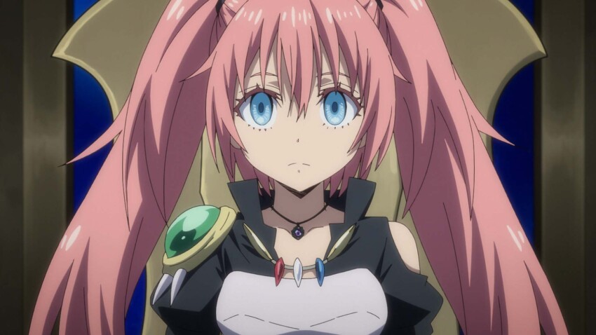 bangs blue_eyes clothed empty_eyes expressionless female_only femsub hypnotic_accessory long_hair milim_nava necklace petite pink_hair screenshot solo that_time_i_got_reincarnated_as_a_slime twintails