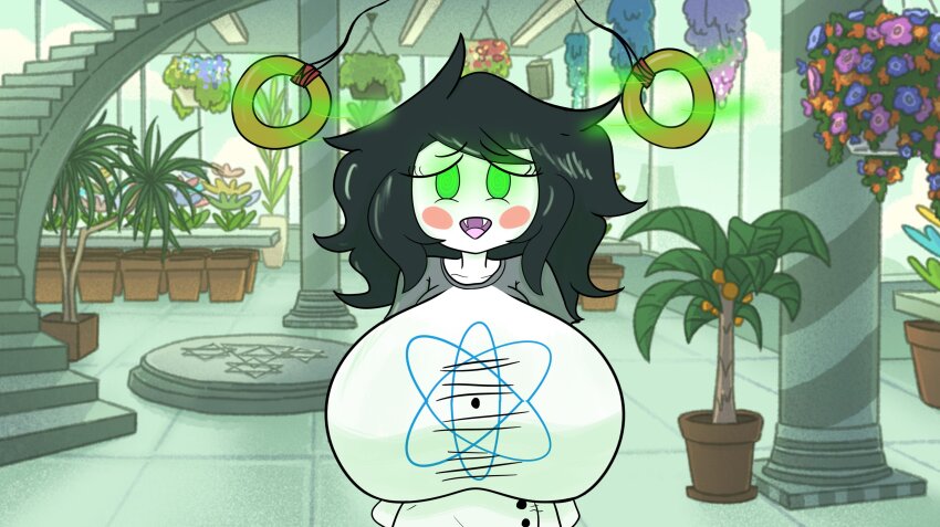 breast_expansion breasts coin fangs female_only femsub glowing glowing_eyes green_eyes happy_trance homestuck jade_harley ms_paint_adventures open_mouth pendulum pov shirt solo spiral_eyes t-shirt vileeyes