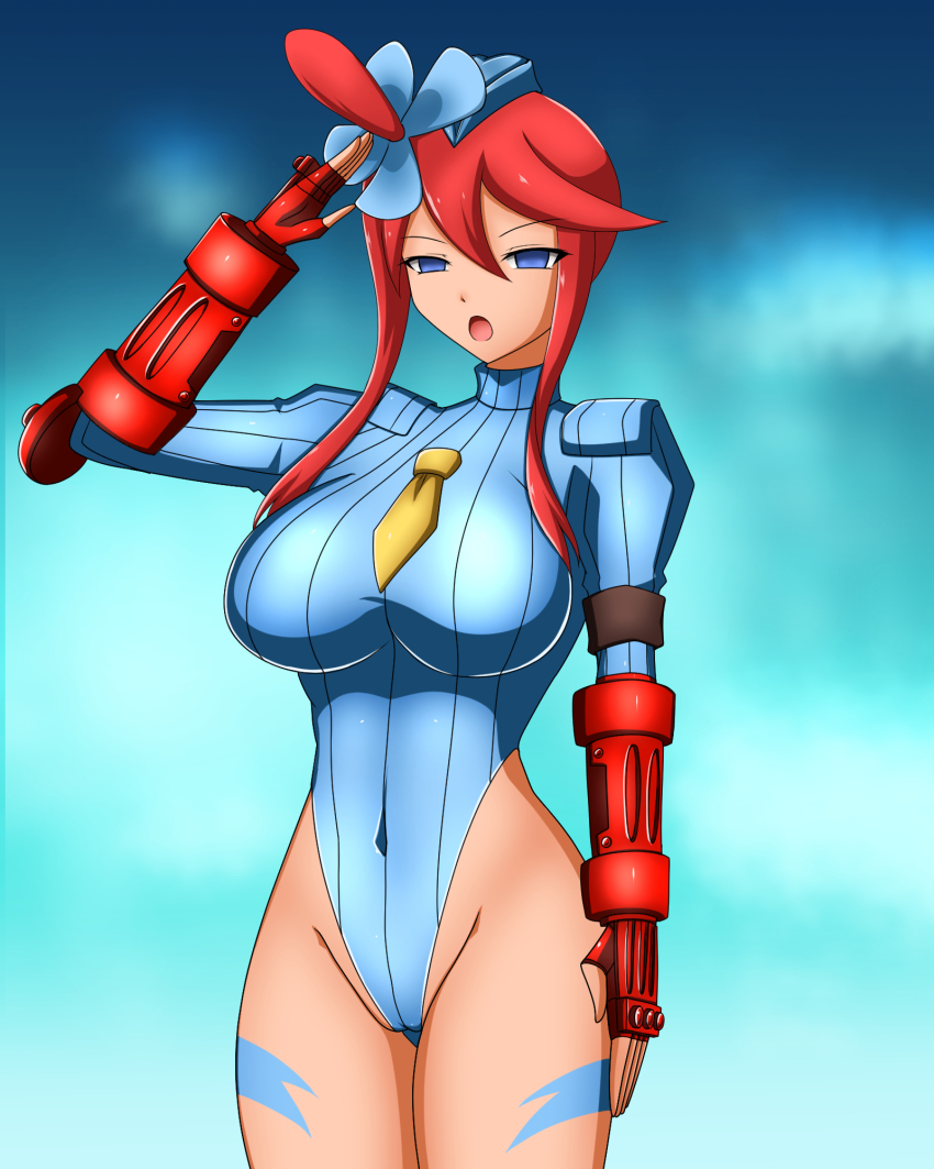 arm_bands blue_eyes body_paint breasts capcom doll empty_eyes female_only femsub gloves gradient_background hair_ornament hat huge_breasts large_breasts leotard navel nintendo open_mouth pokemon pokemon_black_and_white red_hair saluting shadaloo_dolls shoulder_pads side_ponytail simple_background skyla solo standing standing_at_attention street_fighter tie unhappy_trance