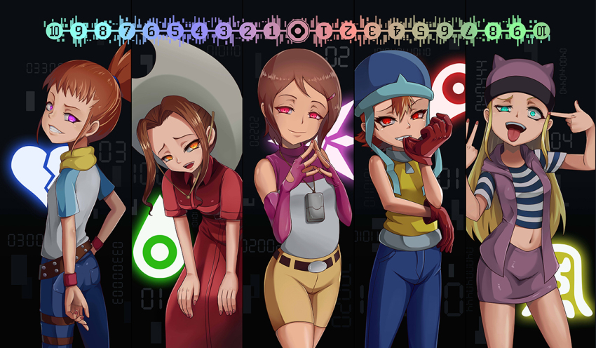 artist_request blonde_hair blue_eyes breasts brown_hair corruption digimon digimon_adventure digimon_frontier digimon_tamers evil_smile gloves glowing glowing_eyes hat jeans kari_kamiya looking_at_viewer mimi_tachikawa multiple_girls orange_eyes orange_hair pink_eyes pov purple_eyes red_eyes rika_nonaka shirt short_hair small_breasts sora_takenouchi tongue tongue_out yellow_eyes zoe_orimoto