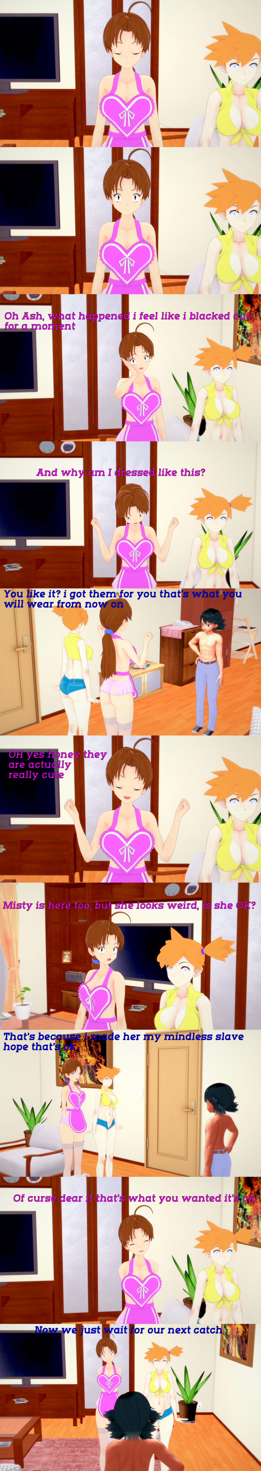 absurdres altered_common_sense apron ash_ketchum black_hair blue_eyes brown_eyes brown_hair closed_eyes delia_ketchum dialogue english_text femsub horokeu maledom milf misty mother_and_son multiple_girls multiple_subs naked_apron nintendo nude pokemon pokemon_(anime) short_hair shrunken_irises text