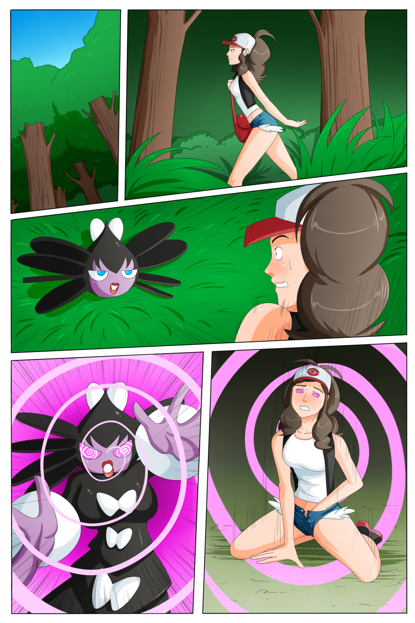 breasts comic female_only fingering gothitelle hat hilda hypnotic_eyes hypnotized_hypnotist kneeling lipstick masturbation multiple_girls nintendo oo_sebastian_oo pokemon pokemon_black_and_white pokemon_black_and_white_2 ponytail shirt shorts thighs