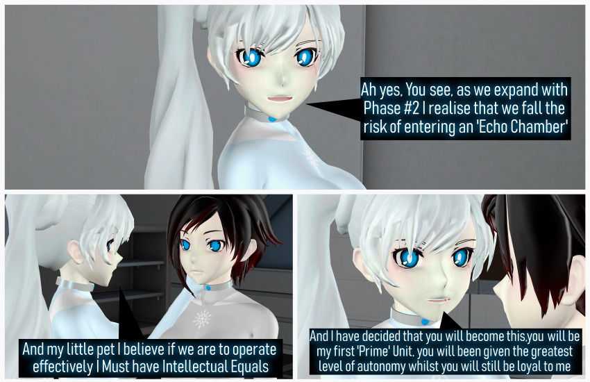 3d absurdres collar comic female_only femsub graybot multiple_girls ruby_rose rwby tagme tech_control tepmarmy text weiss_schnee