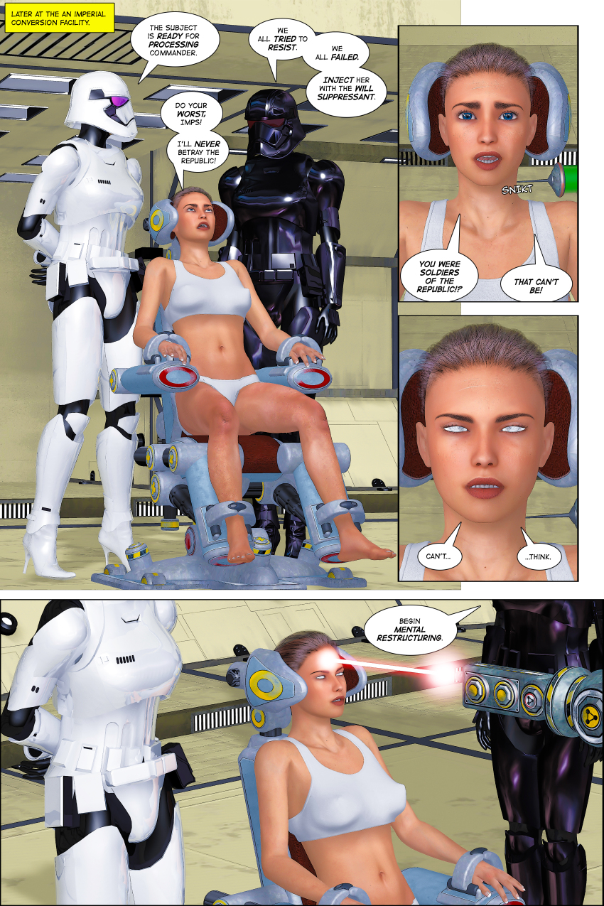 3d absurdres barefoot before_and_after belt blue_eyes bra breasts brown_hair chainedknee comic enemy_conversion erect_nipples expressionless femdom femsub high_heels hypnotized_dom injection large_breasts needle short_hair star_wars stormtrooper tech_control text underwear whitewash_eyes