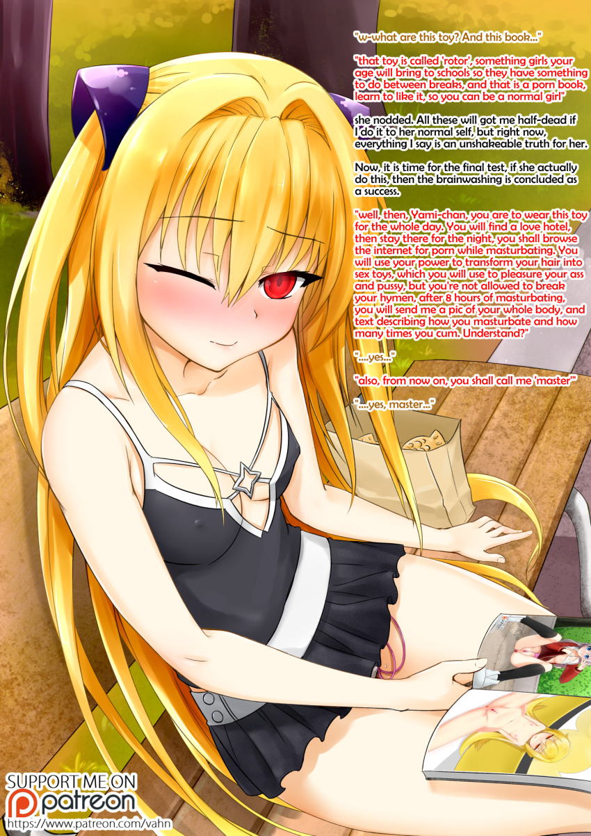 black_leather blonde_hair blush cleavage dazed empty_eyes erect_nipples female_only femsub glowing glowing_eyes golden_darkness long_hair looking_at_viewer pussy pussy_juice red_eyes sex_toy sitting solo text to_love_ru to_love_ru_darkness underwear vahn_yourdoom vibrator